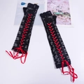 Long black lace fingerless gloves with red ribbon crisscross lacing and bows - Black Lace with Red Ribbon