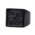 Vintage black stainless steel signet ring with Saint George relief and religious engraving - St. George Slaying Dragon Black