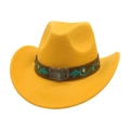 Detail of yellow felt cowboy hat with embroidered leather band and vintage metal buckle - One Size / Yellow