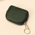 Dark green genuine leather mini coin purse with gold zipper and integrated keychain - Army Green