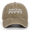 Macro detail of WORLD'S BEST POPPY white embroidery on vintage washed khaki cotton cap - Letter Embroidery (WORLD'S BEST POPPY) / Khaki