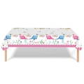 Detail of dinosaur birthday party tablecloth with cute cartoons and floral patterns - Pink Dinosaur