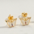 Macro shot of gold butterfly stud earrings with white inlay and colorful crystals - White Butterfly (ES2604)