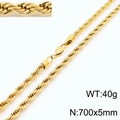 Gold plated stainless steel twist rope chain necklace, 700x5mm size and 40g weight - 700x5mm(KN231969-Z)