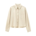 Women's minimalist long sleeve twill shirt with turn-down collar and chest pocket in beige - XS / Apricot