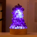 Purple natural crystal Christmas tree night light with wooden base and Merry Christmas text - Amethyst Lamp