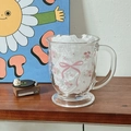 Floral glass mug with pink bow design on a wooden surface for morning coffee - Milk Tea Cup (Rose Bowknot)
