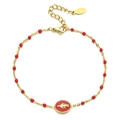 Detail of gold stainless steel bracelet with red beads and Virgin Mary enamel charm - SL1792 / Red