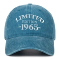 Detailed view of limited edition 1965 embroidery on vintage washed blue cotton baseball cap - Lake Blue