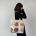 Minimalist cream canvas tote bag with vintage floral prints for casual daily wear - Six Flowers Beige Bag