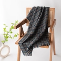 Blue and green plaid scarf with fringe detail draped over a stylish wooden rattan chair - Teal