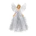 Close-up of silver Christmas angel tree topper with glittery wings and bead details - Standing Angel / Silver