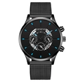 Men's fashion black Geneva watch with blue markers and stylish metal mesh strap - Blue Hands Black Dial Black Case Black Band