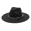 Close-up of wide brim wool fedora with gold chain and black leather bow detail - M (56-58cm) / Black