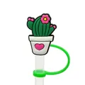 Cute green cactus silicone straw topper with pink flower and white heart pot - Potted Cactus-1703-55