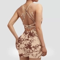 Brown marble print backless yoga bodysuit with cross-strap design for women - S / Top And Bottom / Tie-dye Khaki