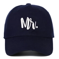 Detailed view of navy blue baseball cap featuring high-quality white Mr. embroidery - Navy Mr.