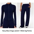 Navy blue two-piece yoga set featuring a slim-fit zip jacket and white striped trousers - S / Dark Blue (Yoga Jacket + Straight Pants)