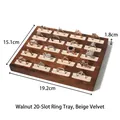 Walnut wood ring display tray with beige velvet lining and 20 slots for jewelry storage - Walnut 20-Slot Ring Display Tray - Beige Velvet