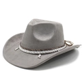 Detailed side view of gray faux suede cowboy hat with braided rope and metal boot charms - Grey Suede