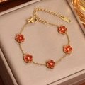 Bracciale in acciaio inossidabile placcato oro 18K con cinque trifogli rossi e cristalli - Strass Rosso Placcato Oro