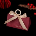 Dark red triangle wedding favor box with wooden ring handle and beige ribbon bow - Burgundy English Box + Champagne Gold Ribbon / Small Size (do Not Use Wooden Rings)