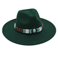 Close-up of ethnic style turquoise beads and oval stone on dark green wool felt fedora hat - One Size / Dark Green (Dark Green 9.5cm [Bead Band])