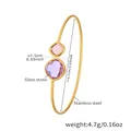 Detail view showing dimensions of golden stainless steel open cuff with Czech glass stones - Gold Purple