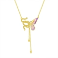 Detail of snake and purple butterfly pendant with metallic ball tassels on a gold chain - Butterfly Style (LI354)