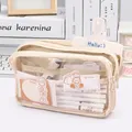5-layer cream white transparent pencil case with large capacity and canvas material - Cream Rice - Transparent 4 Layers