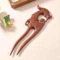 Classic carved sandalwood hair stick in reddish brown with unique double-prong animal totem - Animal Totem Hair Fork (F2024694)