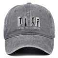 Macro detail of the PAPA letter embroidery and tool graphics on the washed cotton cap - Gray