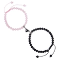 Pink and black stone bead couple bracelets with magnetic heart charm and adjustable cord - Rose Quartz + Frosted Stone Bracelet
