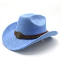 Detail of light blue faux suede cowboy hat with brown braided band and star metal buckle - M (56-59cm) / Sky Blue (Suede)