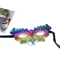 Close-up of rainbow gradient lace masquerade mask with intricate embroidery and satin ribbons - Floral Fox - Multicolored