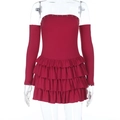 Detail of burgundy off-shoulder tiered mini dress with matching long sleeve arm warmers - S / Burgundy