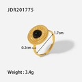 Vista dettagliata di un anello a disco d'oro con gemma nera e misure dimensionali - Aperto Regolabile / Oro/Nero