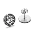 Surgical steel stud earrings featuring black vintage Hamsa Hand design on silver round disk - Hamsa Hand Silver Black Style (KE62429-K)