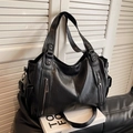 Borsa tote nera vintage in pelle PU a grana con cerniere decorative verticali esterne - Nero