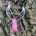 Silver hollow moon hair clip featuring natural pink crystal pendant and small star charm - Rose Red Crystal