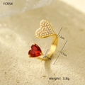 Detail view of double heart ring with red gemstone and pearls on golden band - Ruby Color Gem & Pearl Heart Style (NMSR-H333-1)