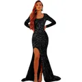 Elegant black sequin velvet evening dress with long sleeves and high slit fishtail cut - US Size 2 (S) / Top And Bottom / Black