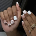 3D embossed long square press-on nails with white French tips and abstract fluid art - White Fluid Lines 3D Scales (CW196)
