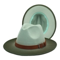 Detail of wool fedora hat showing mint and olive green contrast with leather band - M (56-58cm) / Mint Green + Army Green