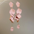 Detailed close-up of pink layered petal tassel earrings with golden chain for women - Peach Pink (S925 Silver Pin)