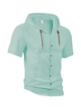 Short sleeve hooded linen shirt for men in mint green cotton with brown drawstrings - Cyan
