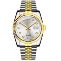 Detail of two-tone gold and silver steel quartz watch with crystal hour markers and date - Large Two-tone Silver Dial