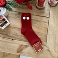 Thick red festive Christmas socks with white pom poms and ribbon bow decoration - Red with Plush Balls