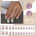 Unghie finte French rosa e verde lime, set da 24 pezzi in varie dimensioni e forme - 24 Pz/Confezione (Con Colla) / Stile Francese Verde Neon Viola Nudo (W1132)