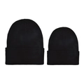 Pair of black ribbed knit beanies for parent and child in minimalist outdoor style - Black